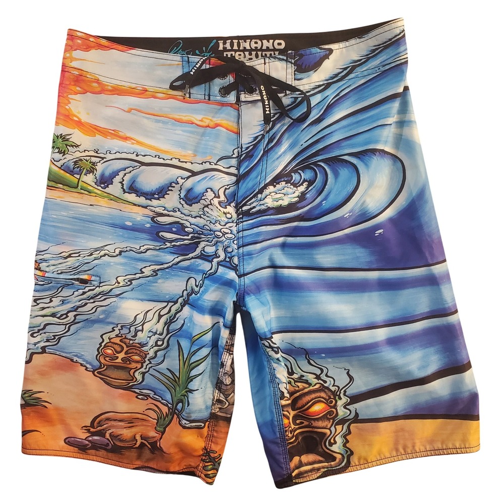 Hinano Tahiti Board Shorts Mens 32 Blue Drew Brophy Tropical Swim Trunks Surf